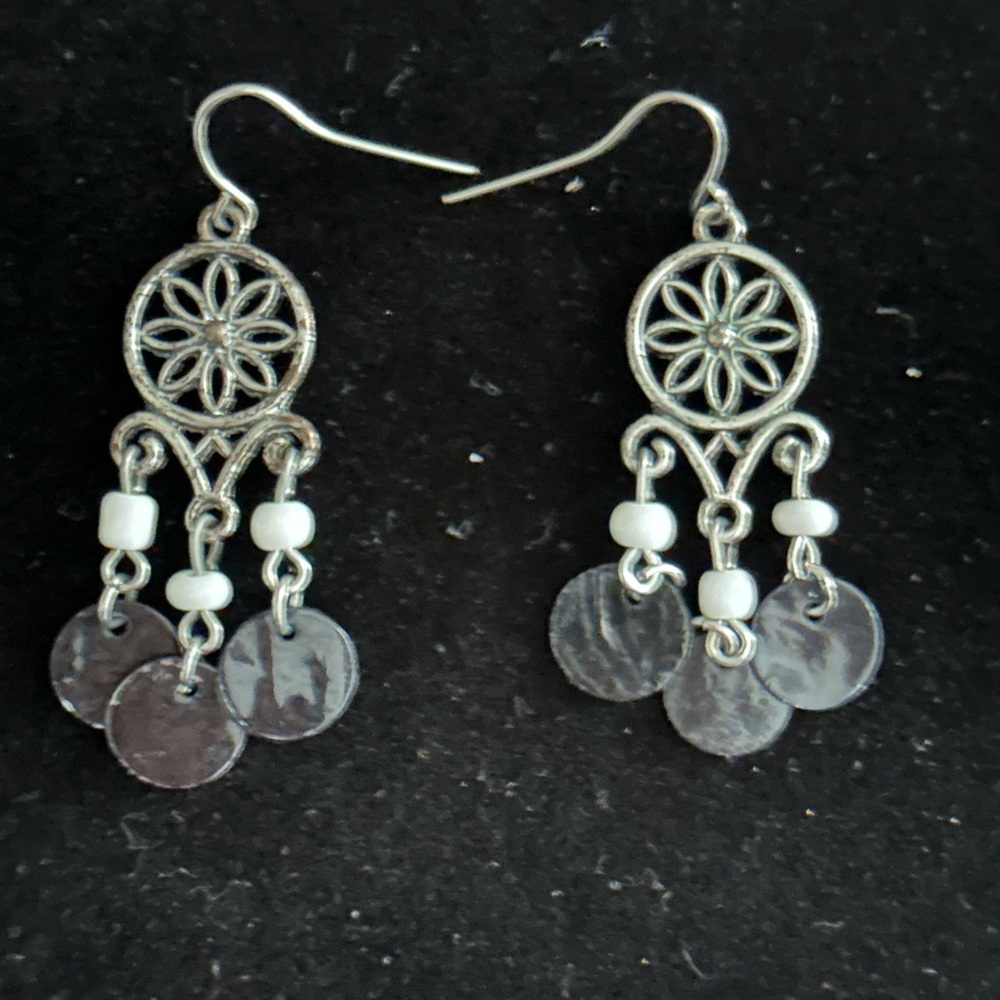 Silver black  Disk Dangle Earrings with White Beads - Women's Jewelry